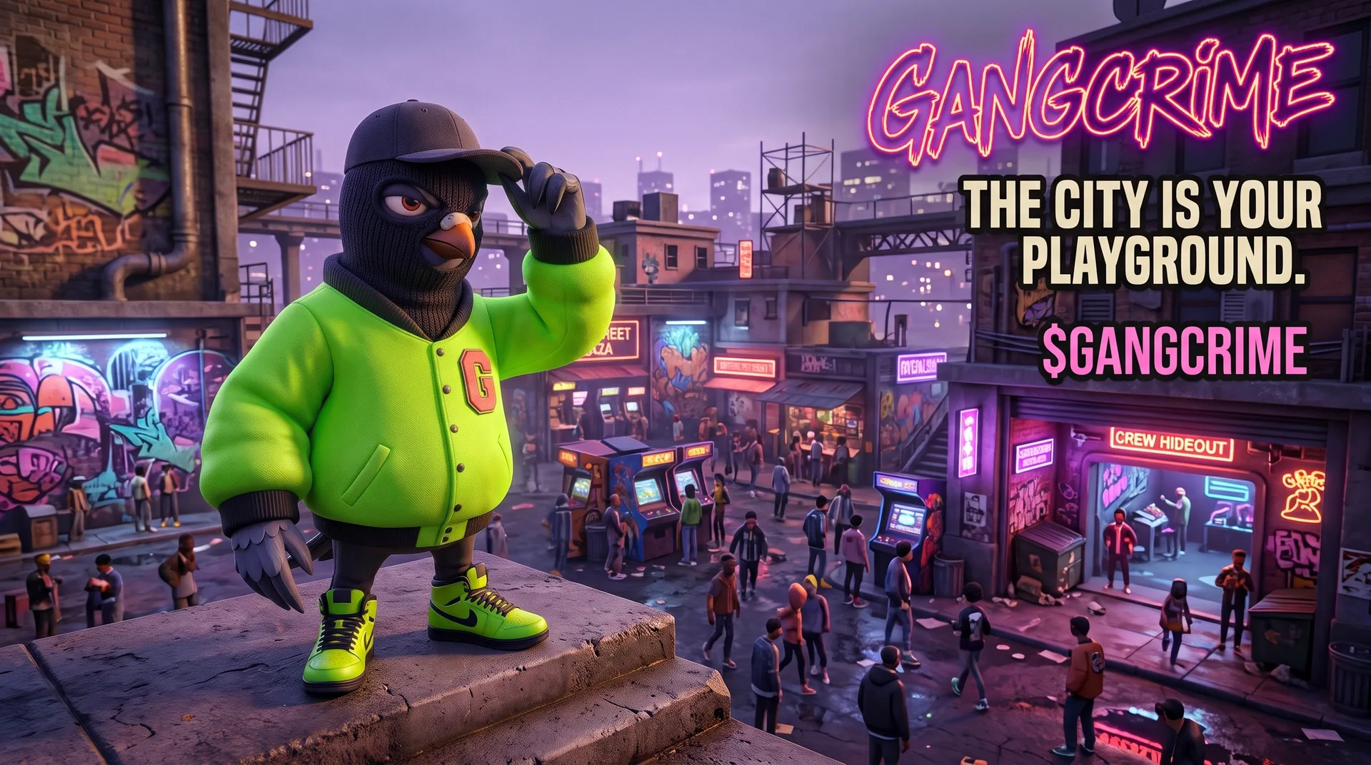 Grit, the Gangcrime pigeon, on a rooftop over a neon arcade street under the Gangcrime sign